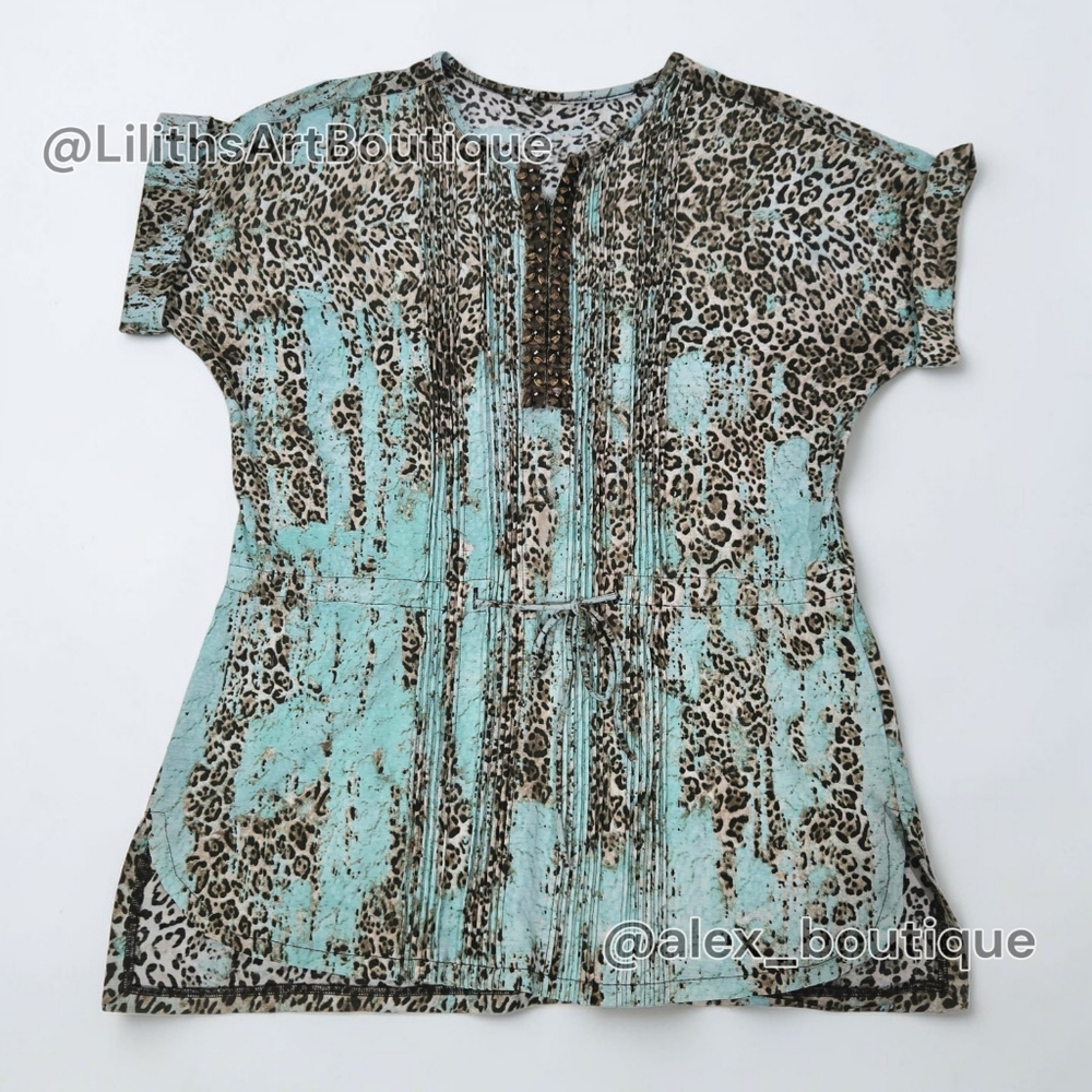 T Tahari Embellished Animal Print Tunic Drawstring Waist Blouse Size L (L032) - Picture 4 of 7
